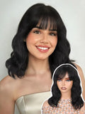 Human Hair Wigs with Bangs - 12 Inch Natural Wave Black Wig for Women