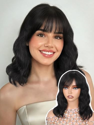 Human Hair Wigs with Bangs - 12 Inch Natural Wave Black Wig for Women