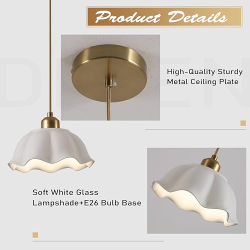 1-Light Modern White Ceramic Pendant Light with Gold Flower Accent - Adjustable Height