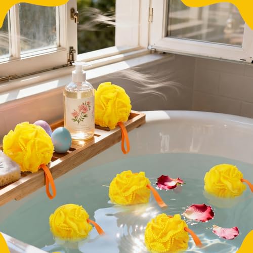 Duraaamo 12 Pcs Bath Loofah Sponge, Yellow Exfoliating Body Scrubber 50g Bath Shower Loofah Sponge Pouf Puff Mesh Shower Pouf Balls Soft Quick-Dry Cleanse Skin Accessories for Easter Chick Duck Party