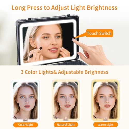 CHENGLIN Makeup Case with Lighted Mirror ? Waterproof Travel Train Case, Cosmetic Organizer with Adjustable Dividers, Magnetic LED Mirror, Portable Makeup Suitcase for Women, Black