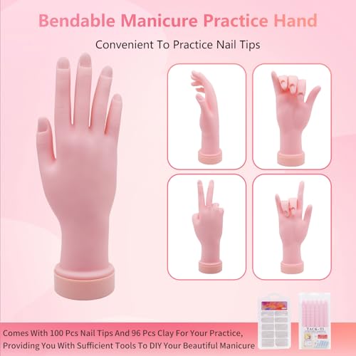 Pink Nail Art Practice Kit with Hand, Glitter, Tips & Storage Bag - Beginners