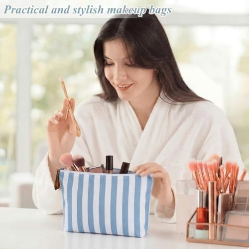 Blue Striped Makeup Bags Bulk Set - 12 Reusable Canvas Cosmetic Organizers