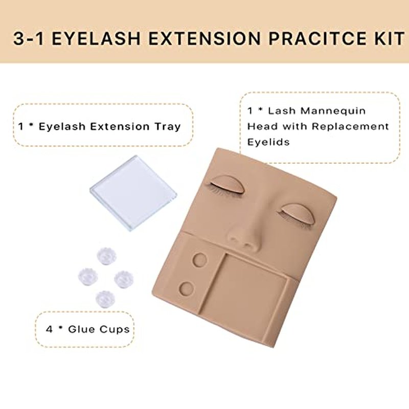 3-in-1 Lash Mannequin Head, Upgraded Eyelash Mannequin Head with Glue Rings Eyelash Extension Tray, Eye Lash Extension Starters Kit for Practicing