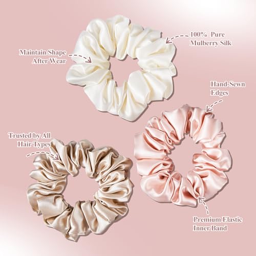 Mulberry Silk Scrunchies 3 Pack - White Pink Champagne Large Hair Ties for Fine, Thin & Sensitive Hair