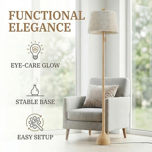 Mid Century Modern Wooden Floor Lamp with 2 Shades - Adjustable LED Lighting