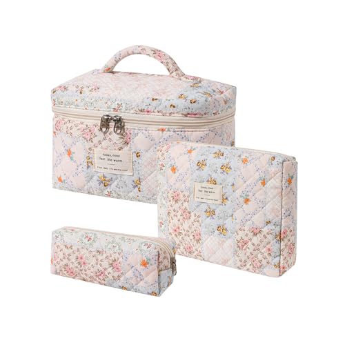 UEKEBOAG 3-Piece Quilted Cotton Makeup Bag Set with Pink Flower Pattern – Travel & Organizing Cosmetic Bags
