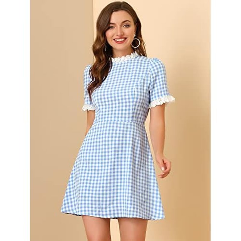 Allegra K Women Gingham Dress Summer Short Sleeve Crew Neck Lace Panel Plaid Mini Dresses Halloween Dorothy Costume