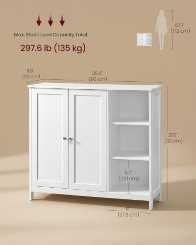 VASAGLE Bathroom Floor Cabinet with Adjustable Shelves - Cloud White, 2 Doors + 3 Open Shelves