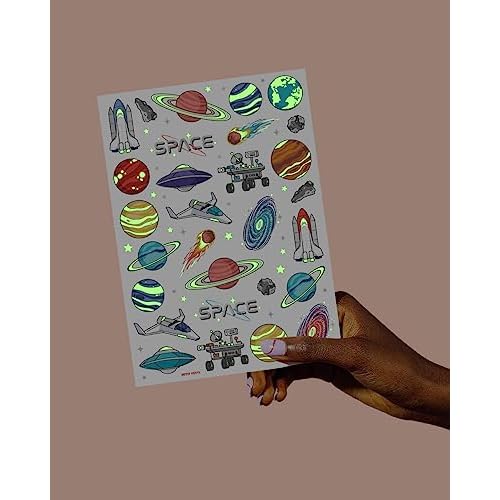 xo, Fetti Space + Planets Glow in Dark Temporary Tattoos for Kids - 50 pcs | Alien Birthday Party Supplies, Astronaut Favors + Rocket ship Decorations
