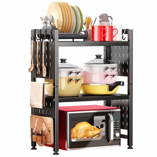 Kitstorack 3-Tier Black Expandable Microwave Stand with Hooks & Cutting Board Holder