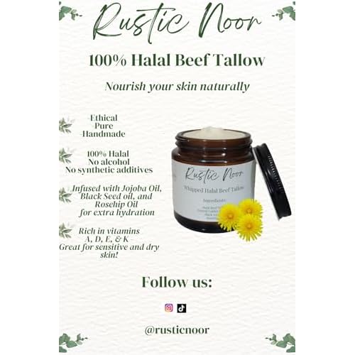 Rustic Noor - 100% Halal Beef Tallow Cream for Skin, Face, & Body. Whipped Moisturizer - 4oz Jar (Handmade in Upstate NY) (Jojoba, Black Seed Oil, & Rosehip)