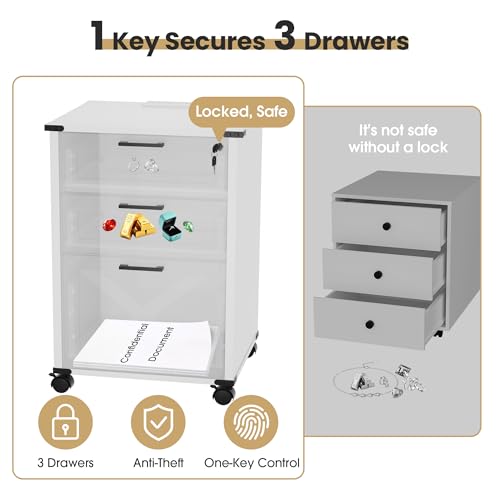 White Small Wood File Cabinet with Charging Station & Lock, 3 Drawers