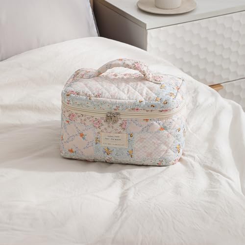 Large Quilted Makeup Bag for Women - 3 Pack Pink Flower Variation