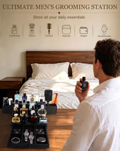 Cologne Organizer for Men - 4 Tier Black Solid Pine Wood Stand with Dual Drawers