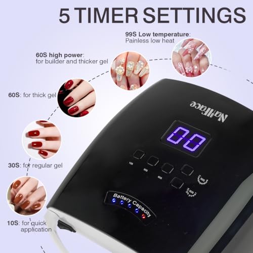 Cordless UV LED Nail Lamp 66W Rechargeable Gel Curing Light - Black