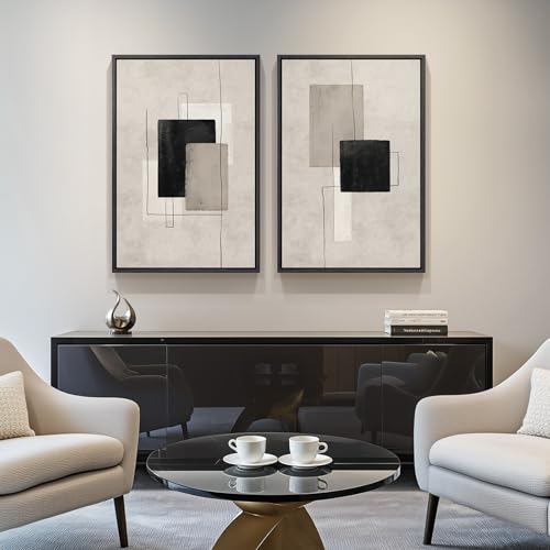 20x30 Inch Minimalist Abstract Wall Art Set of 2 - Black & Beige Framed Canvas Decor