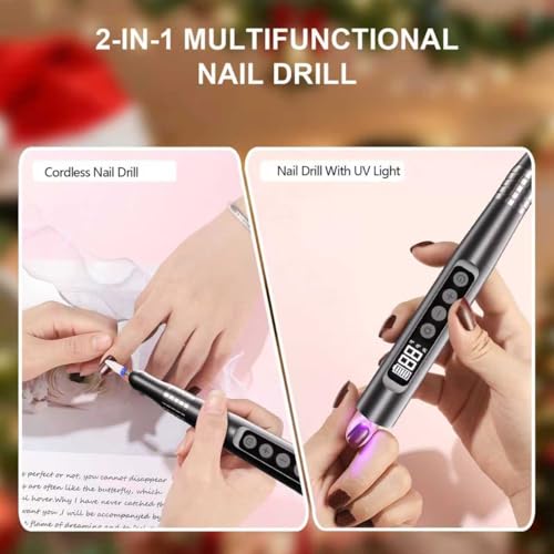 Brushless Nail Drill with UV Light, 35,000 RPM Electric Nail File for Acrylic Gel Dip Powder Nail Tool, Portable Rechargeable Manicure Pedicure Kit, Rose Gold