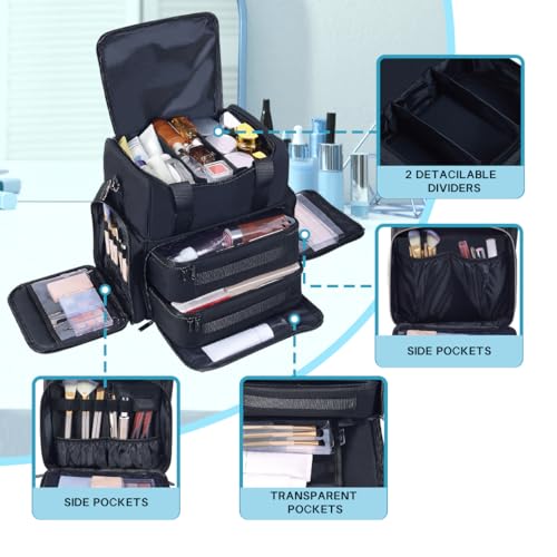 Large Makeup Bag with 2 Removable Case Multifunctional Cosmetic Bag Double Layer Travel Toiletry Organizer,Black