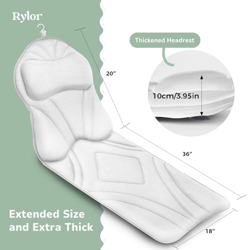 Rylor Full Body Bath Pillow ? Luxury Cushion for Bathtub | Extra Large & Thick | Premium Packaging - Head, Neck, Shoulder & Back Support ? Quick-Dry, Mold Resistant ? for Women & Men (White)
