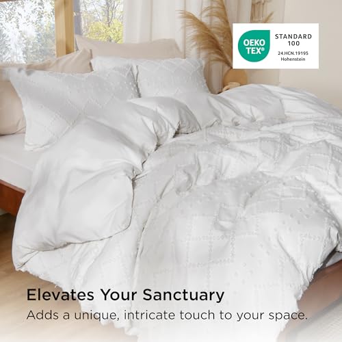 Bedsure White Boho King Duvet Cover with Embroidery - 104x90 Inches