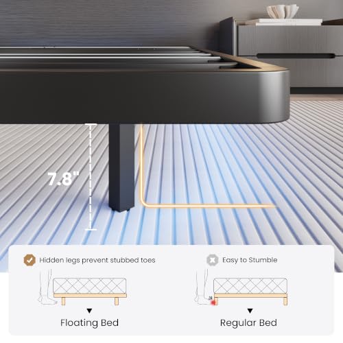 Queen Size Floating Bed Frame with RGB LED Lights - Matte Black