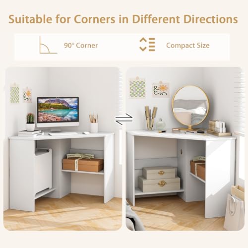White Compact Corner Desk 33.5 x 33.5 Inches Space-Saving Study Table
