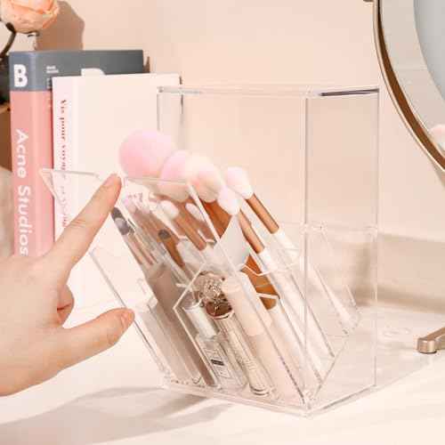 Acrylic Makeup Brush Holder with Slanted Flip-Top Lid - Clear Dustproof Cosmetic Make up Brush Organizer and Storage Box - Large Capacity 17-Slots Container for Vanity Brushes (Transparent)