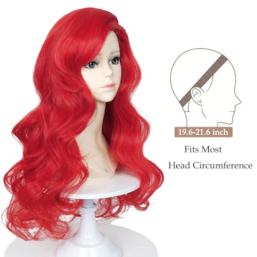 Bright Red Kids Mermaid Wig with Starfish Hair Clips - 21 Inch Curly Costume Wig for Girls