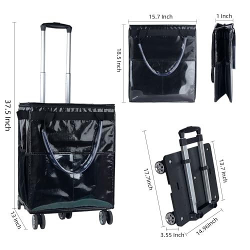 Reusable Grocery Bags on Wheels - Rolling Tote Bag, Black - Durable & Spacious