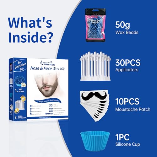 Beauty7 Nose Wax Kit for Men, 50g Waxing Beads, 30 Applicators, Face Wax Kit, Safe and Quick Waxing Kit, Nose Hair Removal, 10 Mustache Guards with Silicone Cup