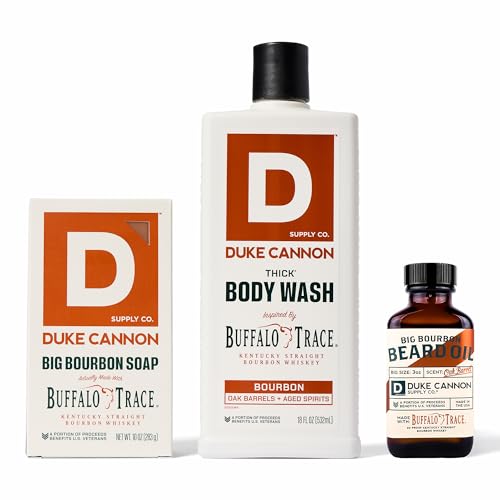 Duke Cannon Bourbon Gift Set for Men ? 3 Pack Bundle with Bourbon Bar Soap, THICK Body Wash & Big Bourbon Beard Oil ? Oak Barrel Scent