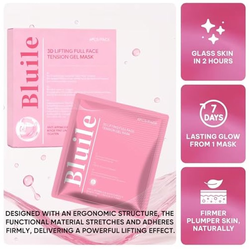 3D Lifting Full Face Mask, Collagen Lift-Up Mask for Skin Firming Appearance & Intense Hydration, for a Radiant Glow, Smooth & Glowing Skin, 4 Sheet Pack (1 box)