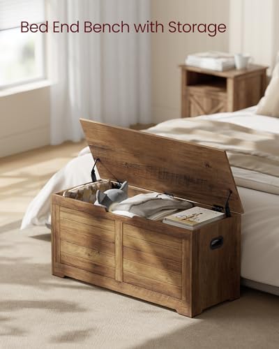 VASAGLE Storage Chest Bench - 39.4 Inch Wide Lidded Storage Ottoman with 2 Safety Hinges, Honey Brown