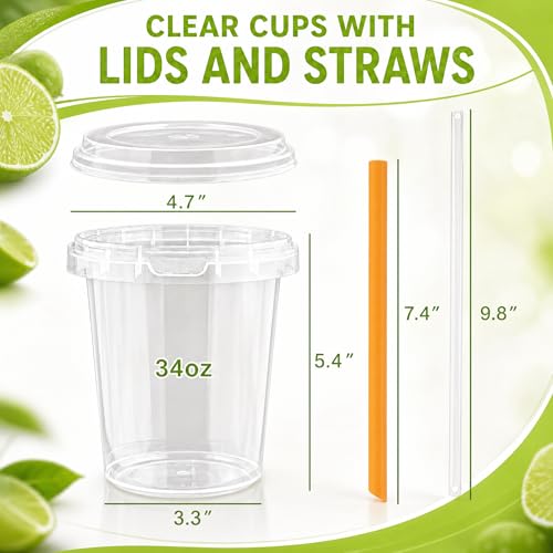 Disposable Cups with Lids and Straws - 100 Sets, 34oz, Colorful Straws Included