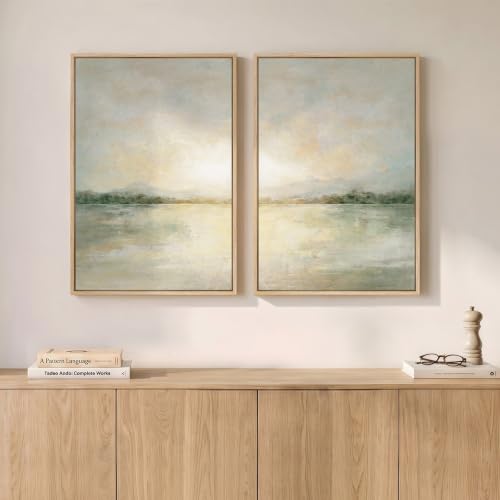 Sage Green Abstract Landscape Wall Art Set - 16x24 Inches, Framed Canvas, 2 Panels, Neutral Scenic Decor for Bedroom & Living Room - Variation: Green Neutral / 16" W x 24" H