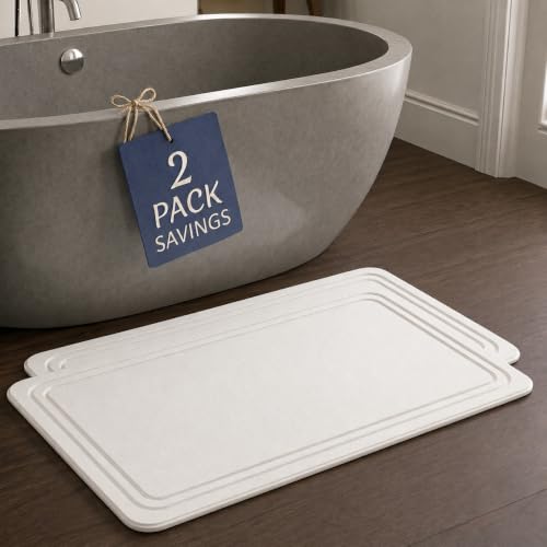 White Linea 2-Pack Diatomaceous Earth Bathroom Mats - Quick Dry Non-Slip Stone Bath Rugs
