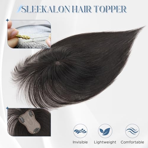 SLEEKALON Natural Black 10-Inch Human Hair Toppers with Bangs, 360° Cover, Clip-In Lightweight Hairpiece