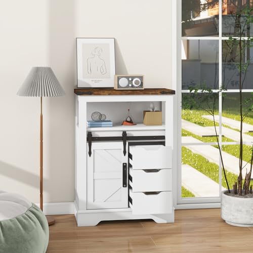 Panana Farmhouse White Bathroom Floor Cabinet with Sliding Barn Door & 3 Drawers