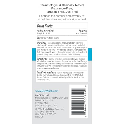 CLn¢ç Acne Cleanser-The Only Cleanser with 0.5% Salicylic Acid Preserved with Sodium Hypochlorite for Clarifying Skin from Blackheads & Breakouts, Oil-Free & Fragrance-Free, 8 fl oz