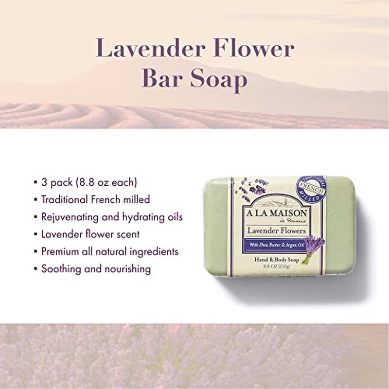 A LA MAISON Lavender Flower Bar Soap - Triple French Milled Natural Moisturizing Hand Soap Bar (3 Bars of Soap, 8.8 oz)