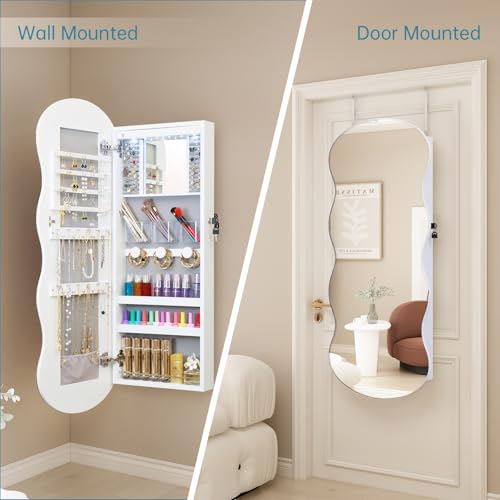 Whitebeach 42.5x17.3in LED Jewelry Armoire Cabinet Wall/Door Mount, Lockable Mirror Organizer