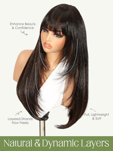 Highlight Brown Long Straight Layered Wig with Bangs - Synthetic Hair, Heat-Resistant, Natural Look