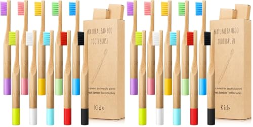 Kids Bamboo Toothbrush Set - 10 Pack of Organic Wooden Toothbrushes with Soft Bristles & Colorful Handles