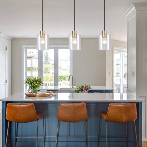 KLSS Black Brass Pendant Lights for Kitchen Island - 2 Pack, Clear Glass, 12 & 4 Inch Stems