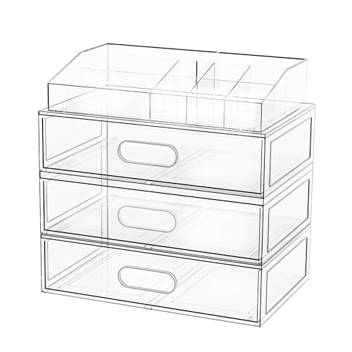 Clear Stackable Makeup Organizer with 2 Large Drawers - 12''W Acrylic Storage (4 Pack) by Aurblozen