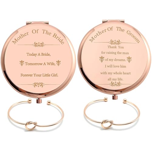 Pack of 2 Mother of the Bride & Groom Mirrors Set - Rose Gold Stainless Steel Compact Pocket Makeup Mirror with 2 Pcs Rose Gold Knot Bracelet and Gift Box Wedding Proposal Gift