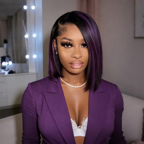 Purple Highlight Bob Wig 13x4 Lace Front Human Hair for Black Women 10 Inch