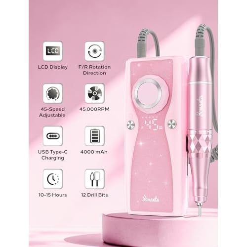Electric Nail Drill Professional Kit: 45,000 RPM USB Rechargeable Efile Nail Drill Nail File with 12 Bits for Polishing Gel/Acrylic Nails- Portable Manicure Tool Set for Salon/Home-Pink