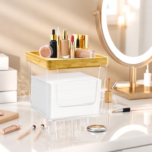 Acrylic & Bamboo Face Towel Holder Box - Large Bathroom Tissue Dispenser
